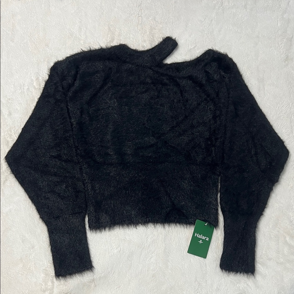 HALARA Black Fuzzy Off-the-Shoulder Cropped Sweater